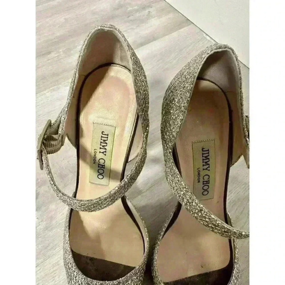 Jimmy Choo Gold Coarse Glitter Peep Toe Ankle Strap Sandals Size 35 1/2 - Picture 6 of 16